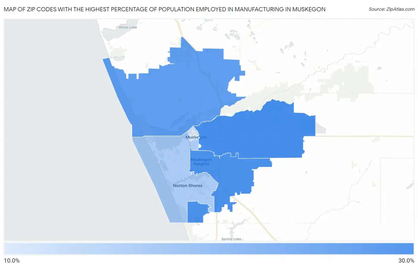 Zip Codes with the Highest Percentage of Population Employed in Manufacturing in Muskegon Map