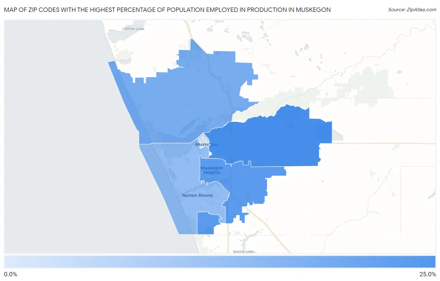 Zip Codes with the Highest Percentage of Population Employed in Production in Muskegon Map