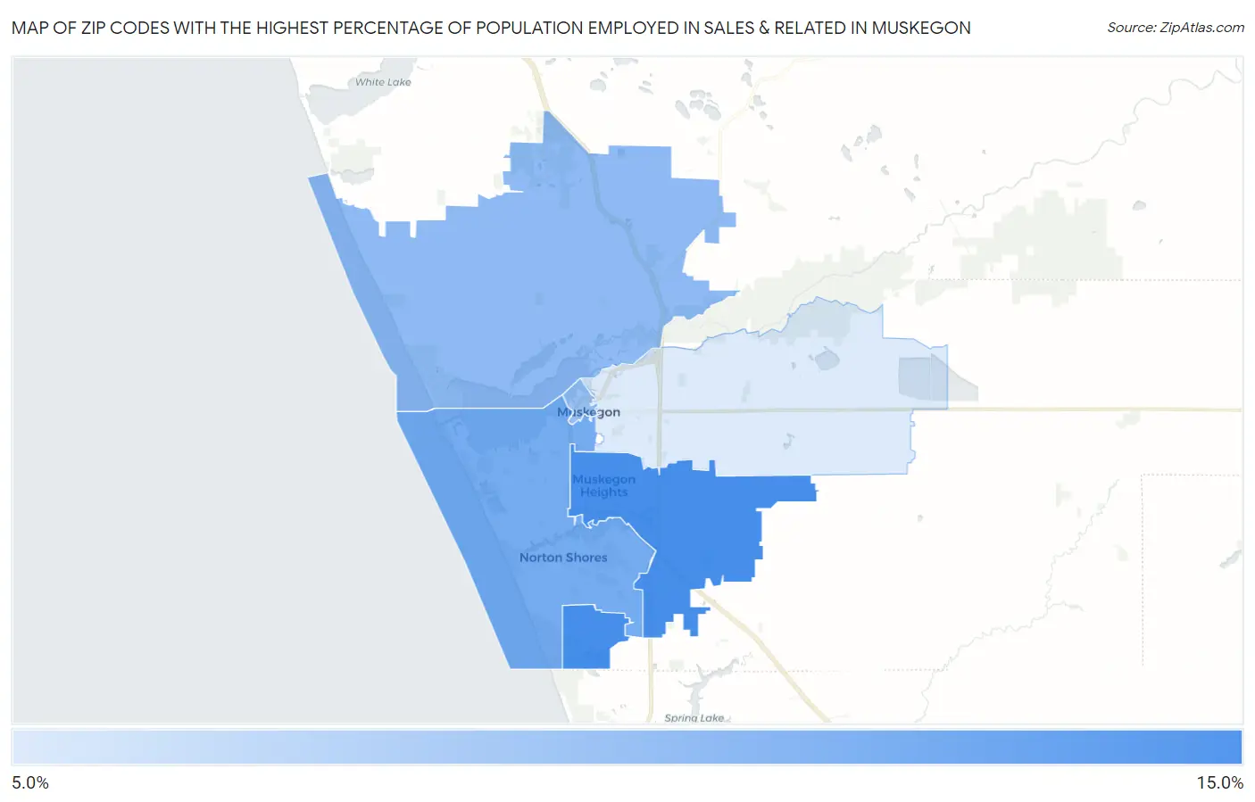 Zip Codes with the Highest Percentage of Population Employed in Sales & Related in Muskegon Map
