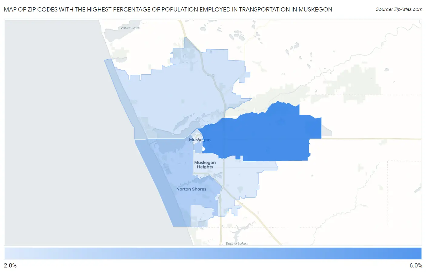 Zip Codes with the Highest Percentage of Population Employed in Transportation in Muskegon Map