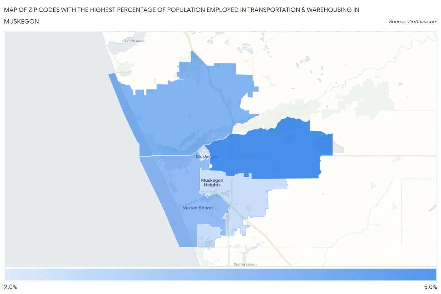 Zip Codes with the Highest Percentage of Population Employed in Transportation & Warehousing in Muskegon Map