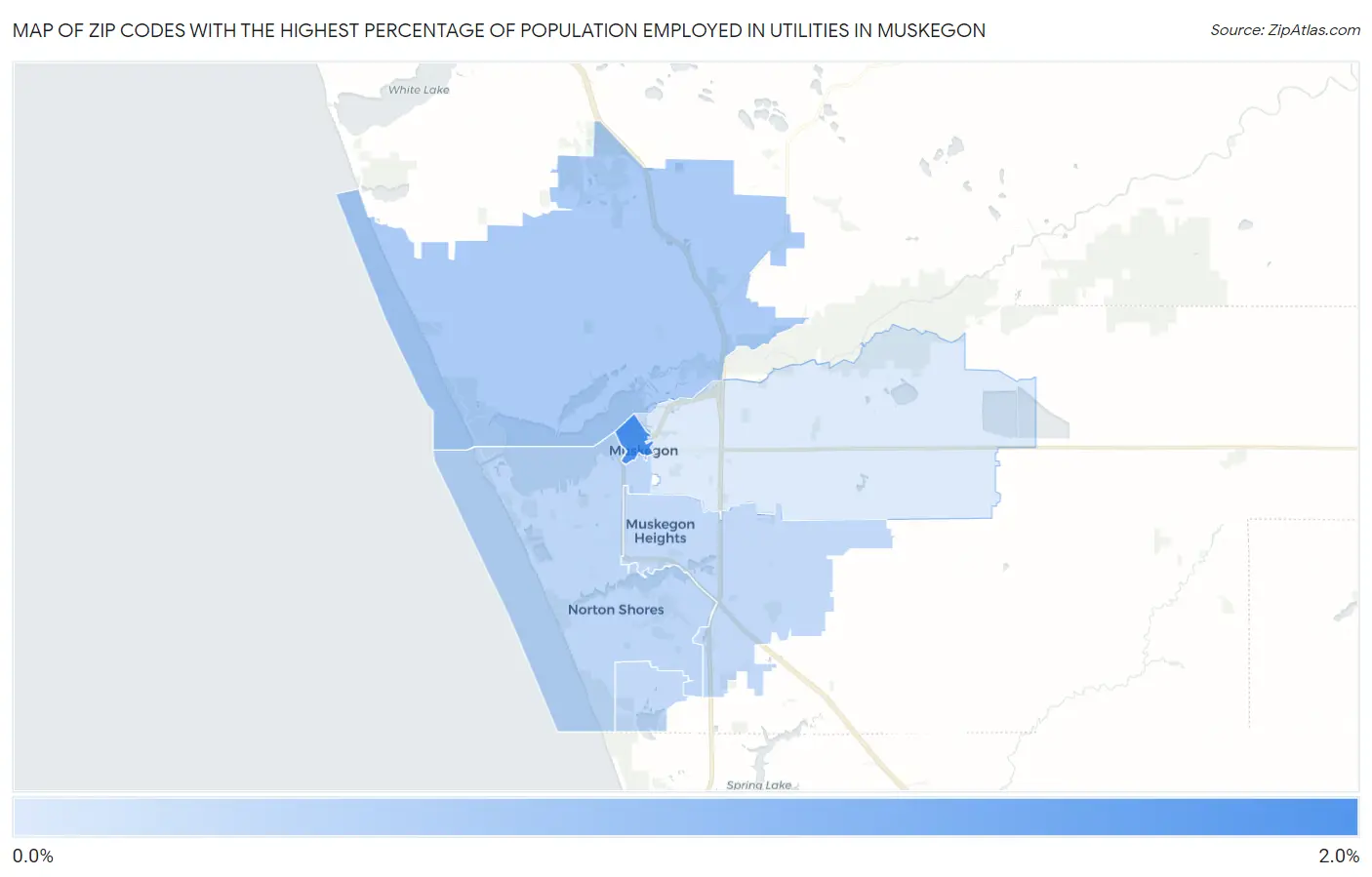 Zip Codes with the Highest Percentage of Population Employed in Utilities in Muskegon Map