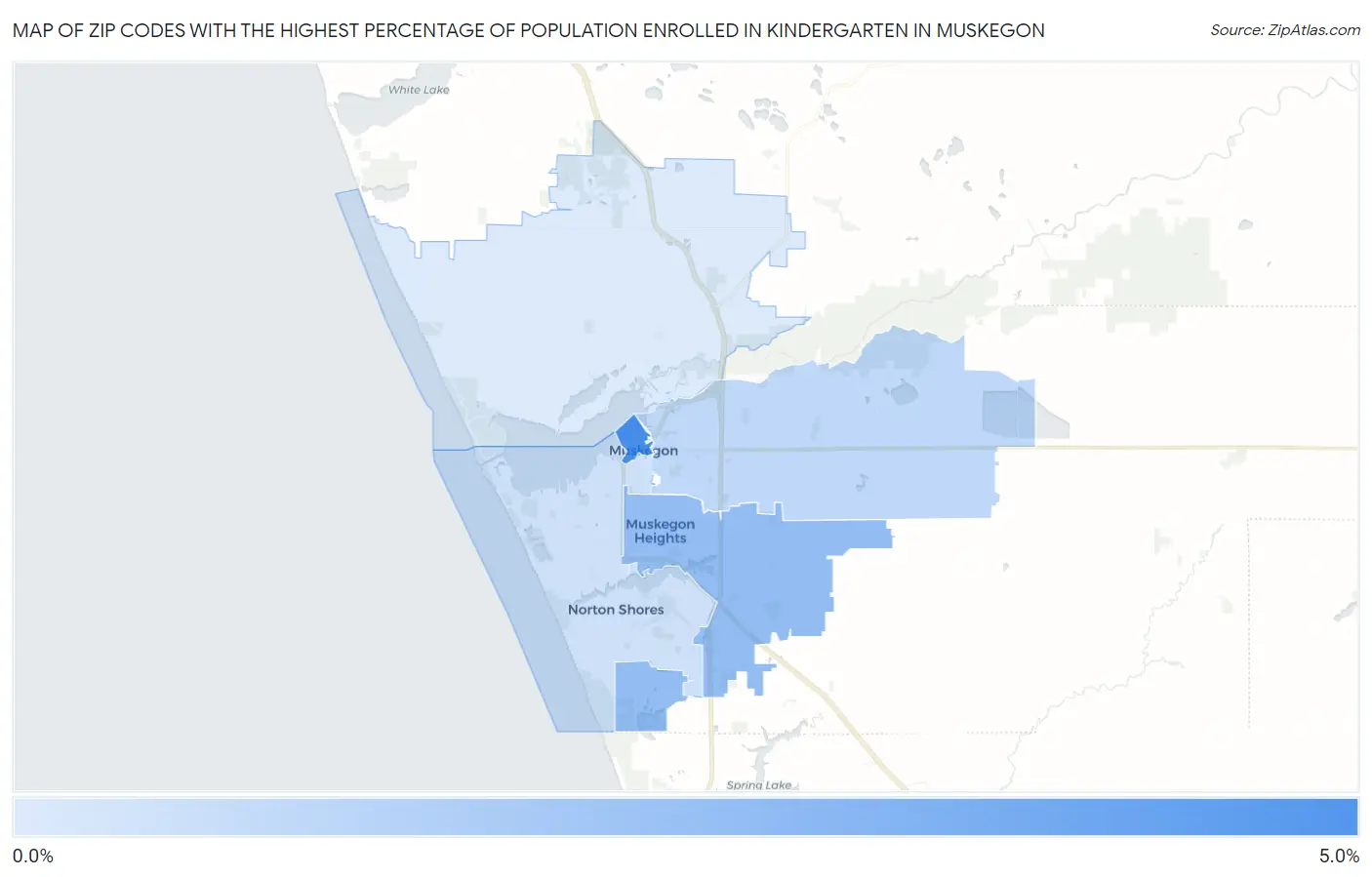 Zip Codes with the Highest Percentage of Population Enrolled in Kindergarten in Muskegon Map