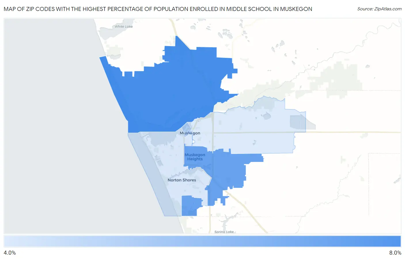 Zip Codes with the Highest Percentage of Population Enrolled in Middle School in Muskegon Map