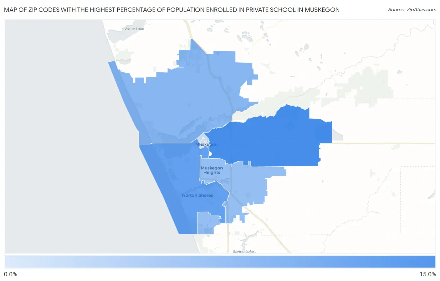 Zip Codes with the Highest Percentage of Population Enrolled in Private School in Muskegon Map