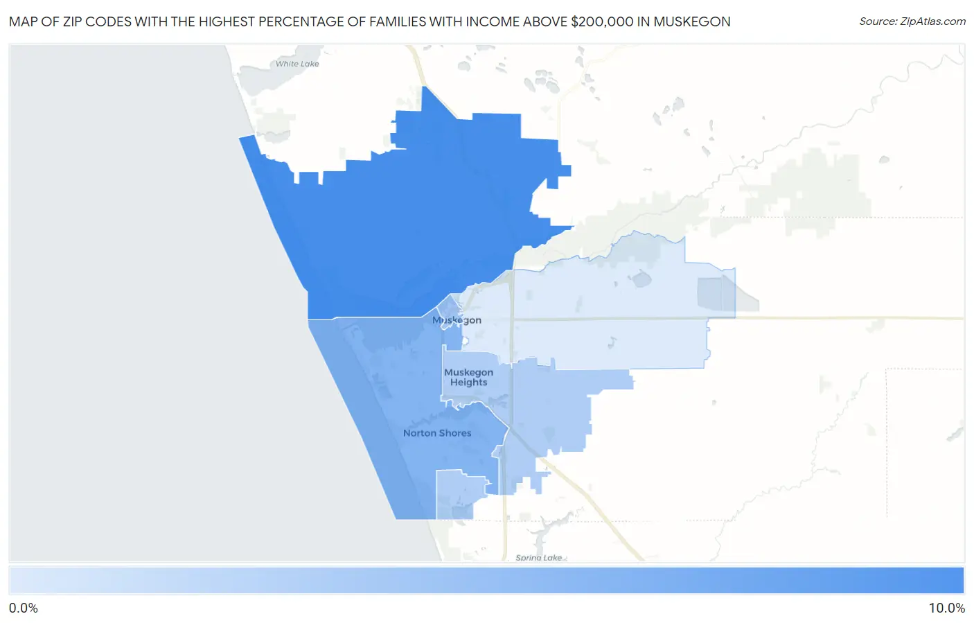 Zip Codes with the Highest Percentage of Families with Income Above $200,000 in Muskegon Map