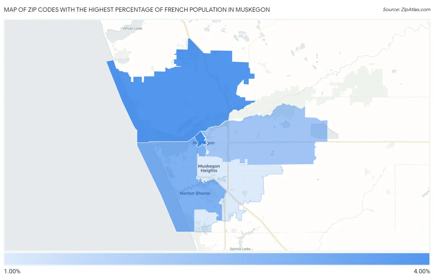 Zip Codes with the Highest Percentage of French Population in Muskegon Map