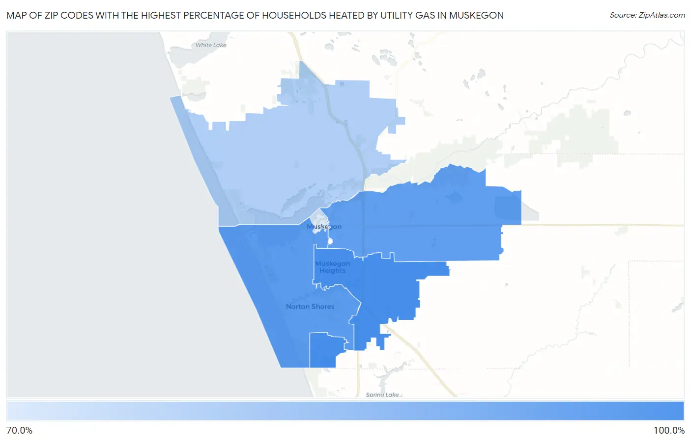 Zip Codes with the Highest Percentage of Households Heated by Utility Gas in Muskegon Map