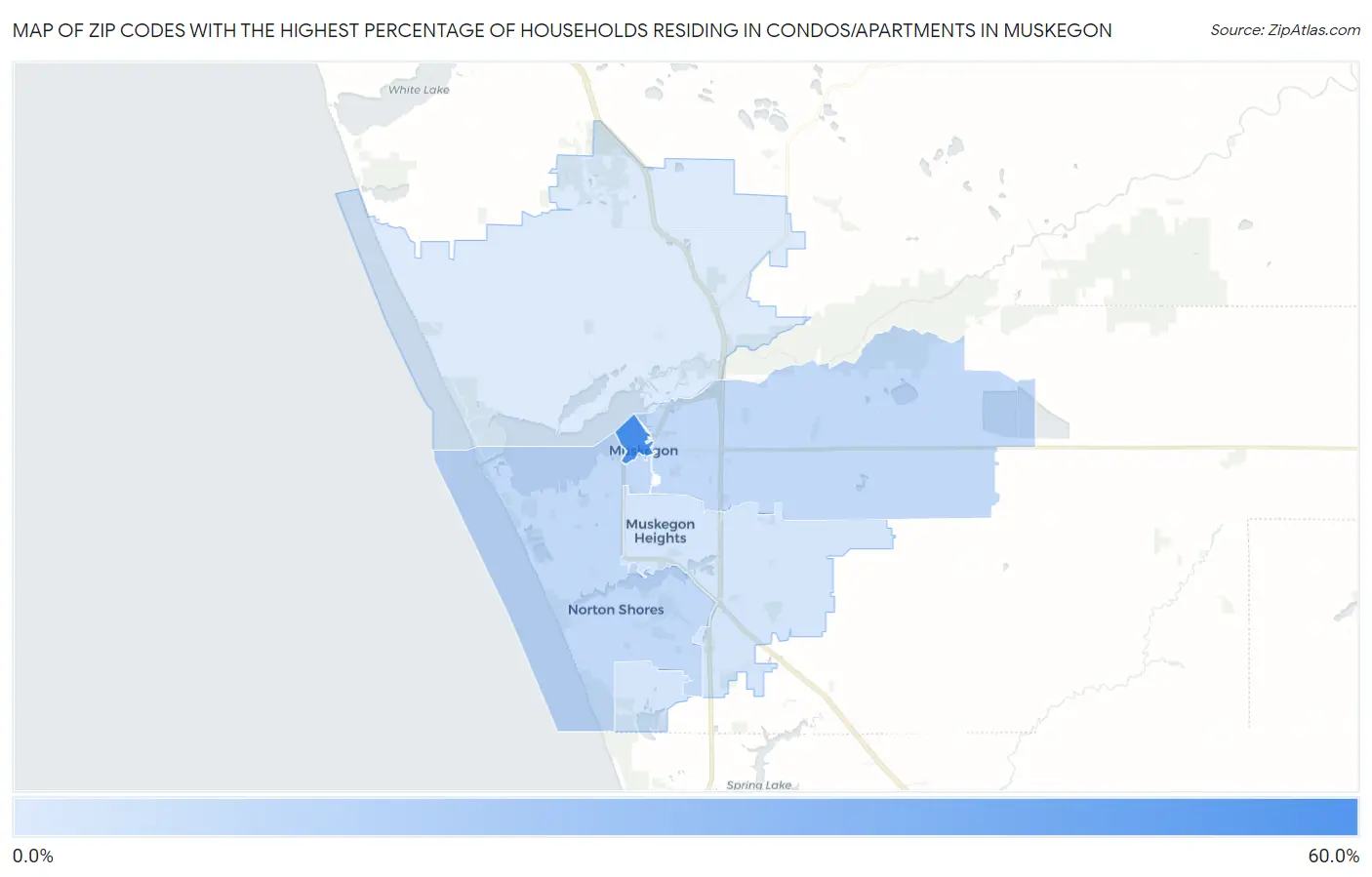 Zip Codes with the Highest Percentage of Households Residing in Condos/Apartments in Muskegon Map