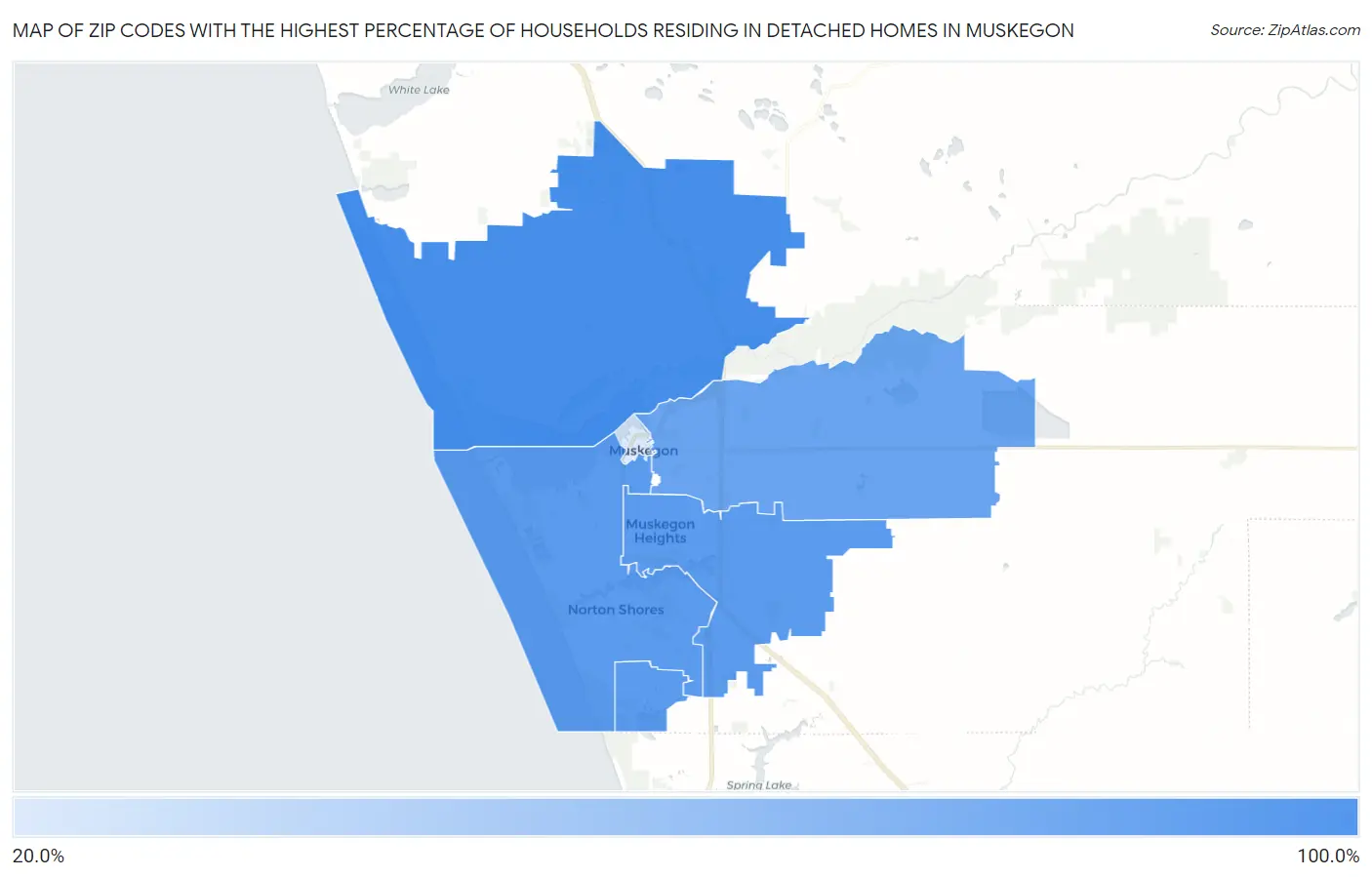 Zip Codes with the Highest Percentage of Households Residing in Detached Homes in Muskegon Map