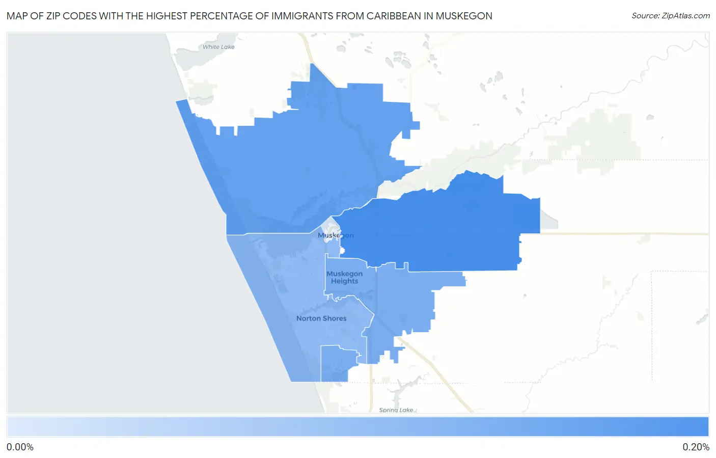 Zip Codes with the Highest Percentage of Immigrants from Caribbean in Muskegon Map