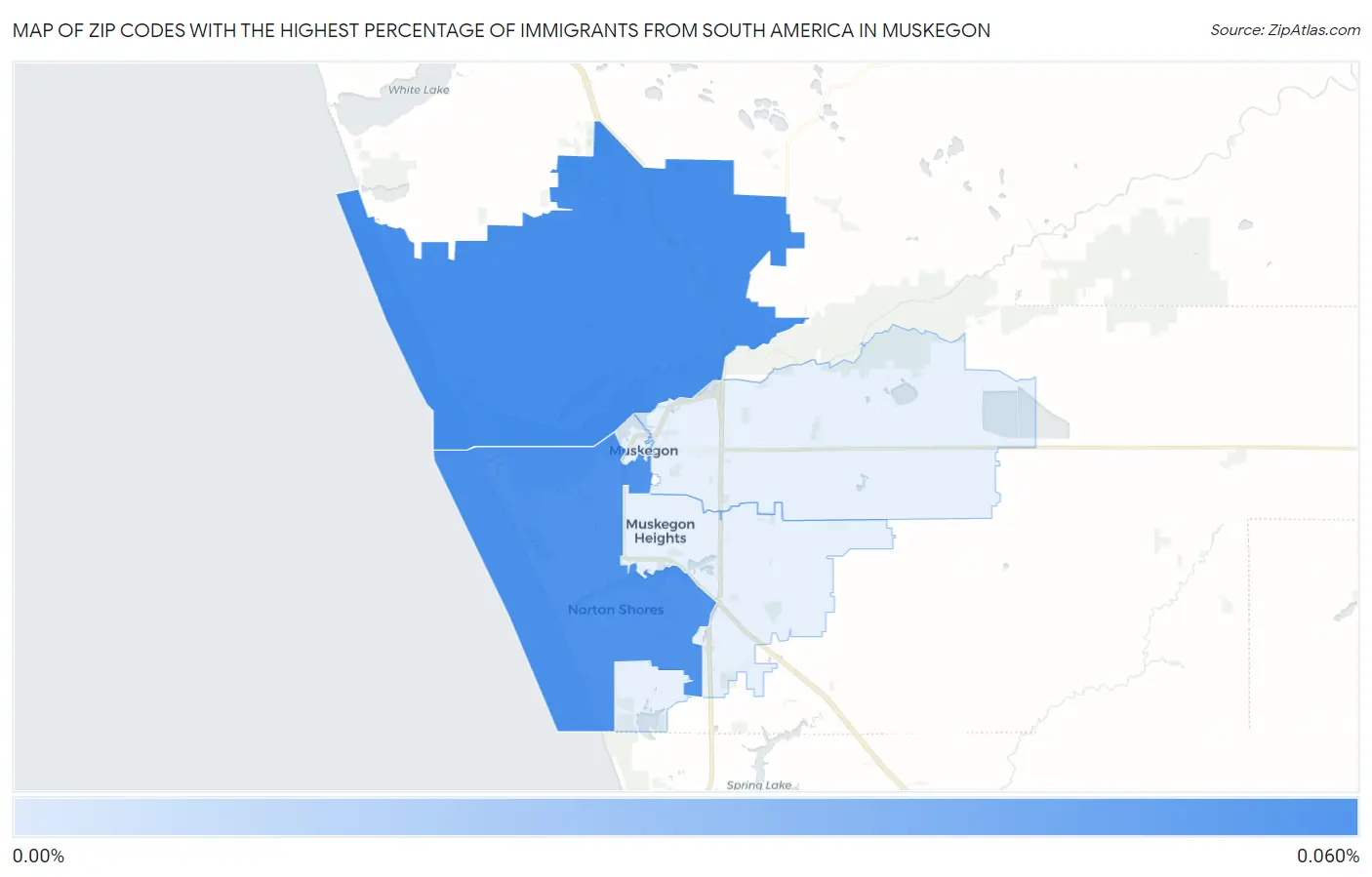 Zip Codes with the Highest Percentage of Immigrants from South America in Muskegon Map