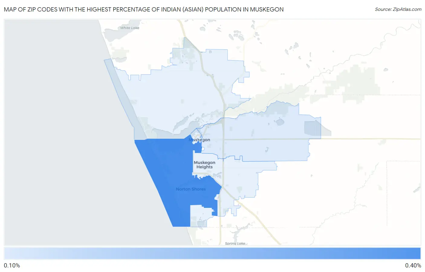 Zip Codes with the Highest Percentage of Indian (Asian) Population in Muskegon Map