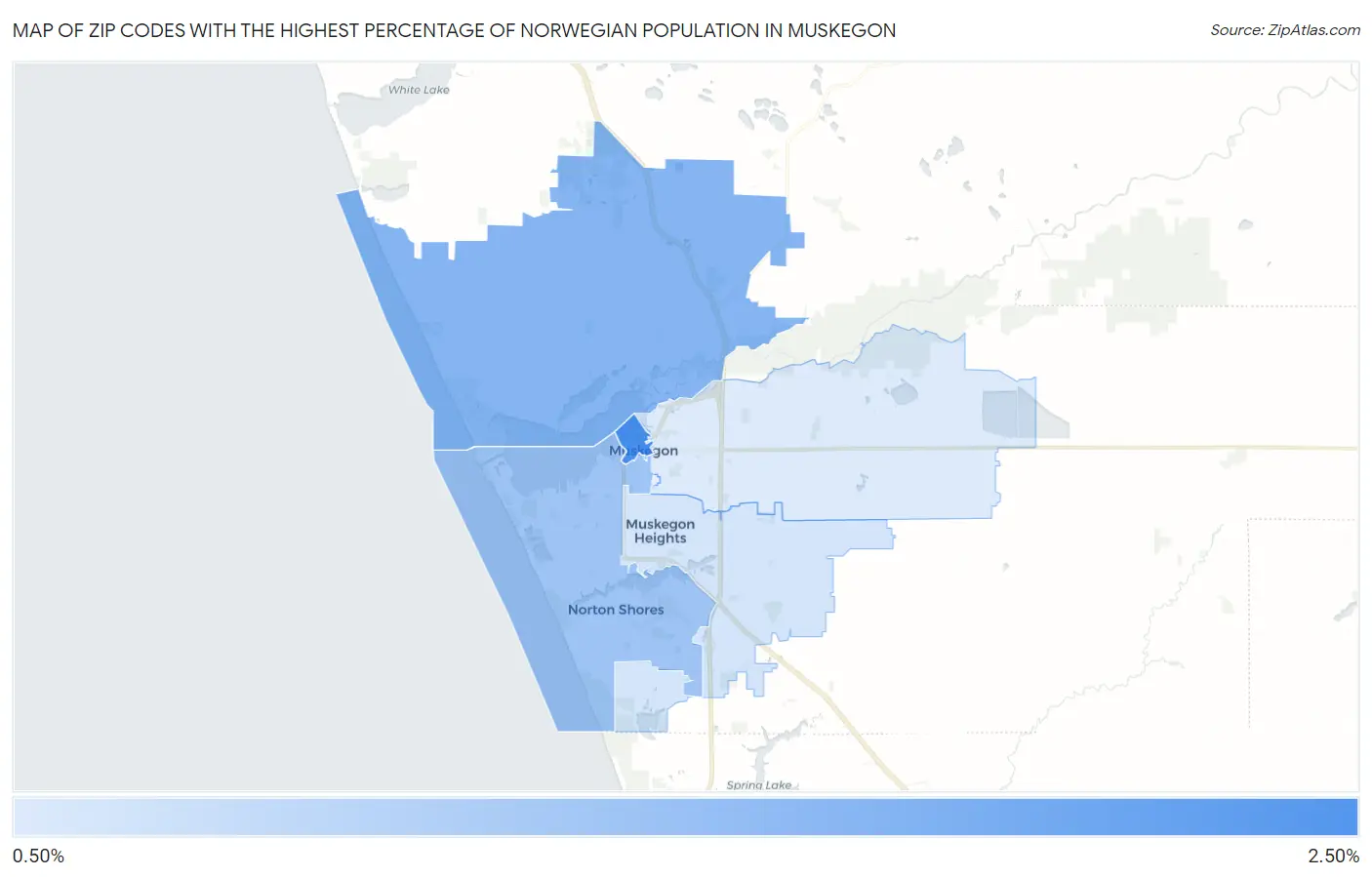 Zip Codes with the Highest Percentage of Norwegian Population in Muskegon Map