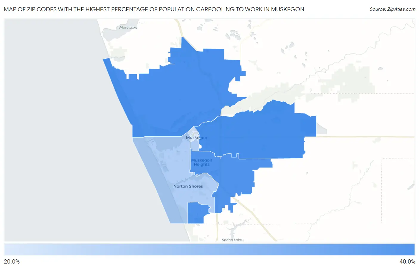 Zip Codes with the Highest Percentage of Population Carpooling to Work in Muskegon Map