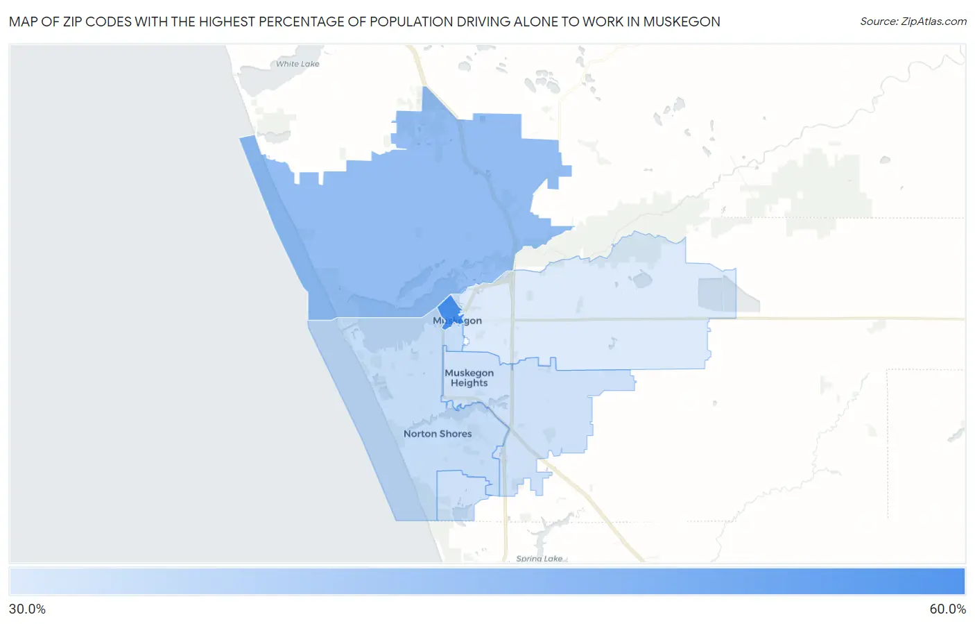 Zip Codes with the Highest Percentage of Population Driving Alone to Work in Muskegon Map