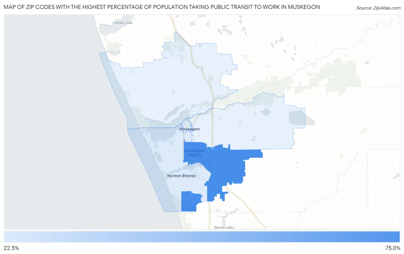 Zip Codes with the Highest Percentage of Population Taking Public Transit to Work in Muskegon Map