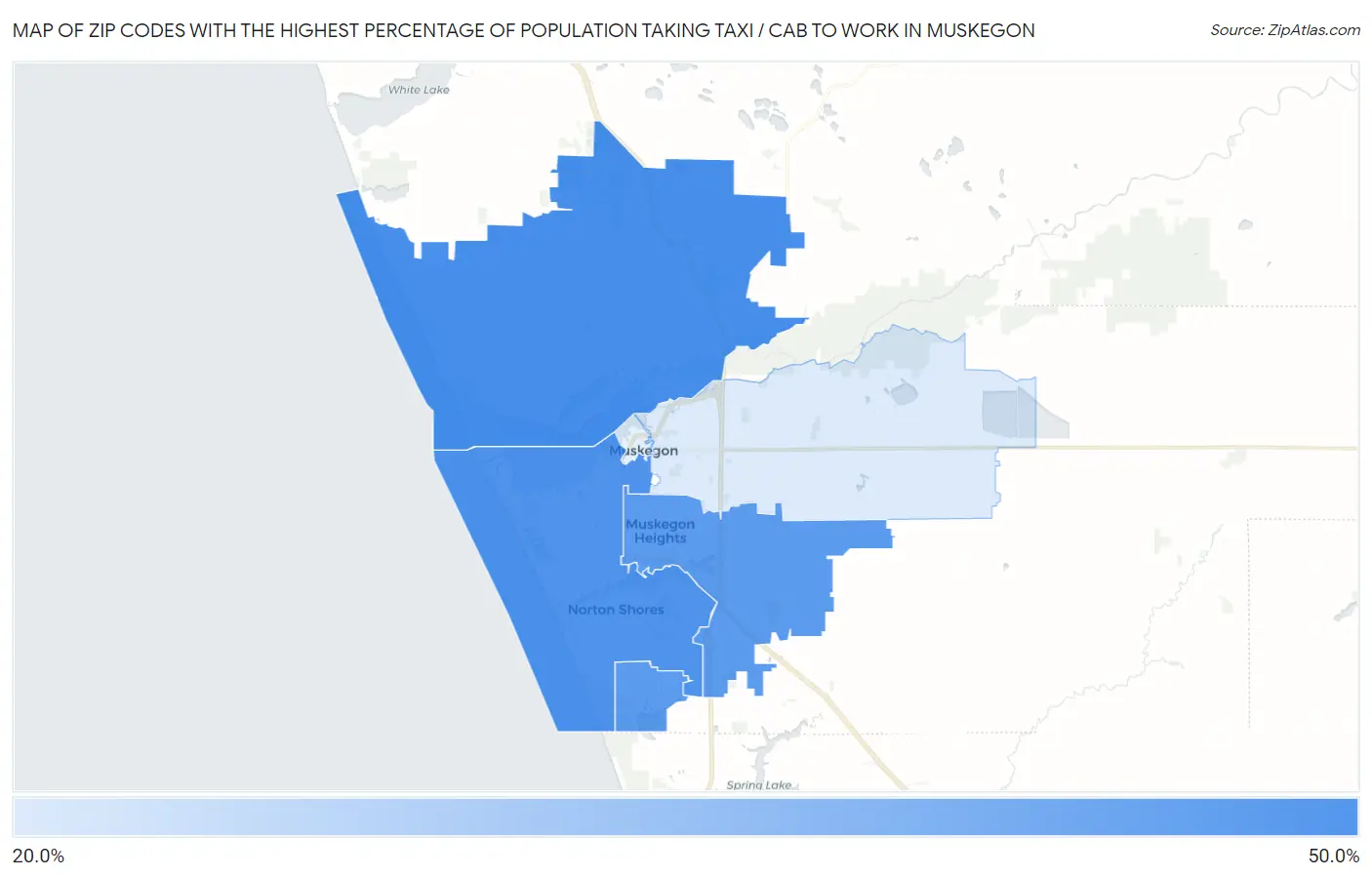 Zip Codes with the Highest Percentage of Population Taking Taxi / Cab to Work in Muskegon Map