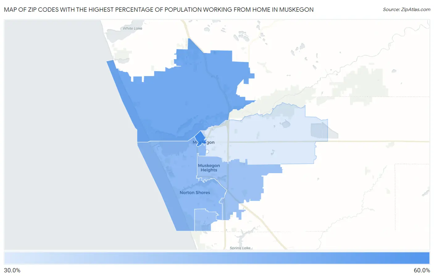Zip Codes with the Highest Percentage of Population Working from Home in Muskegon Map