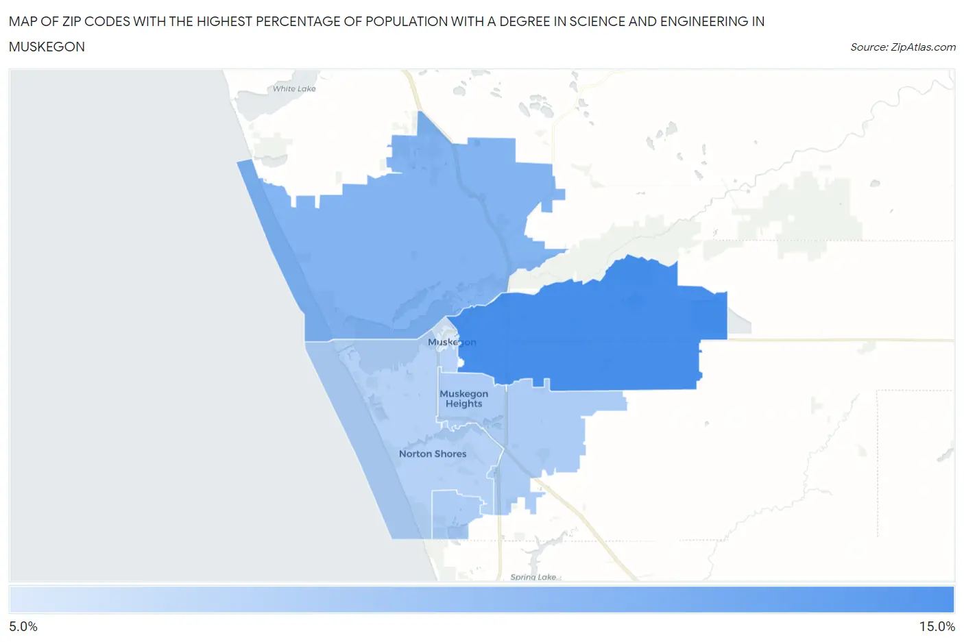 Zip Codes with the Highest Percentage of Population with a Degree in Science and Engineering in Muskegon Map