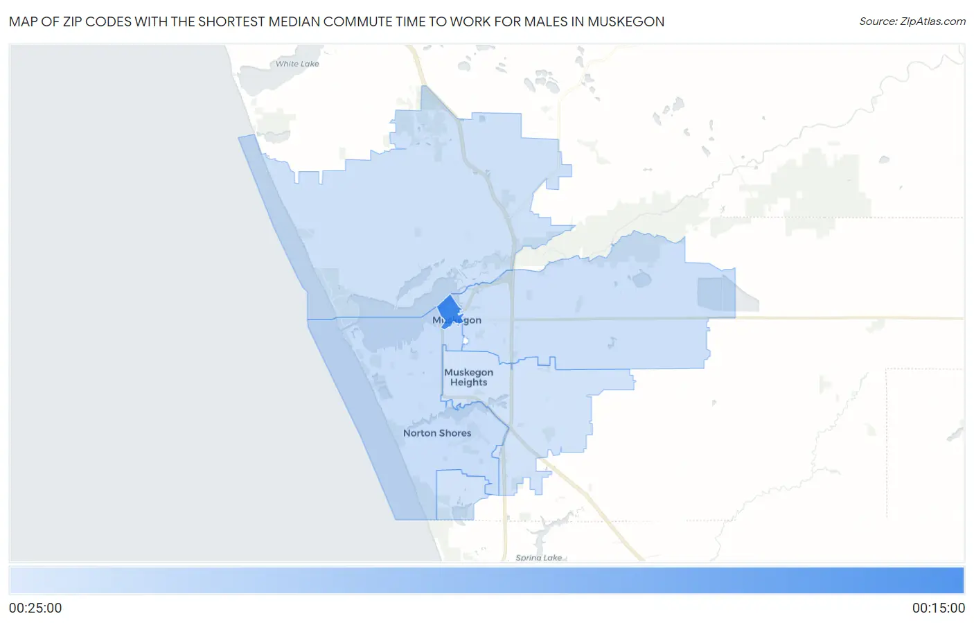 Zip Codes with the Shortest Median Commute Time to Work for Males in Muskegon Map