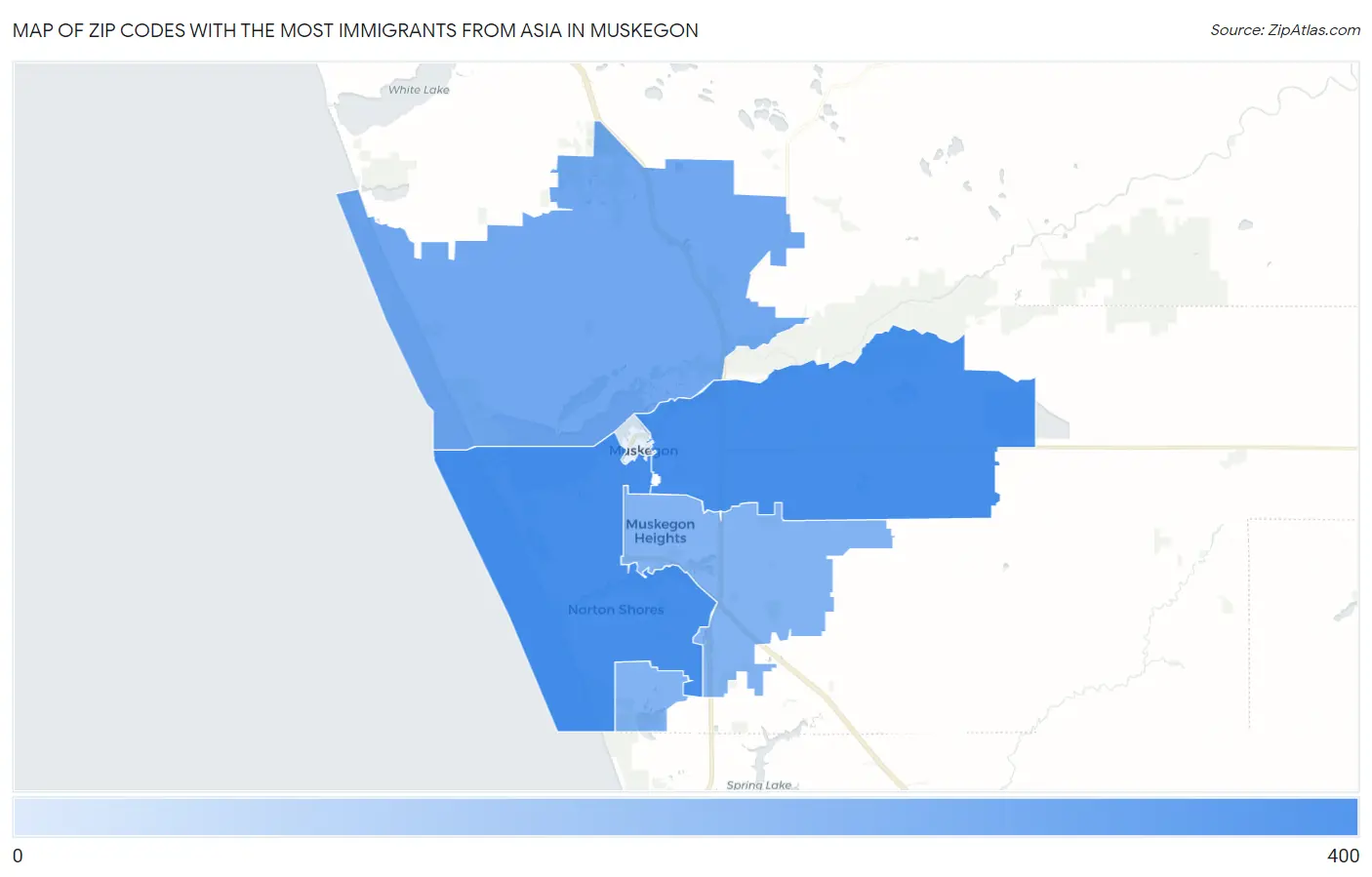 Zip Codes with the Most Immigrants from Asia in Muskegon Map