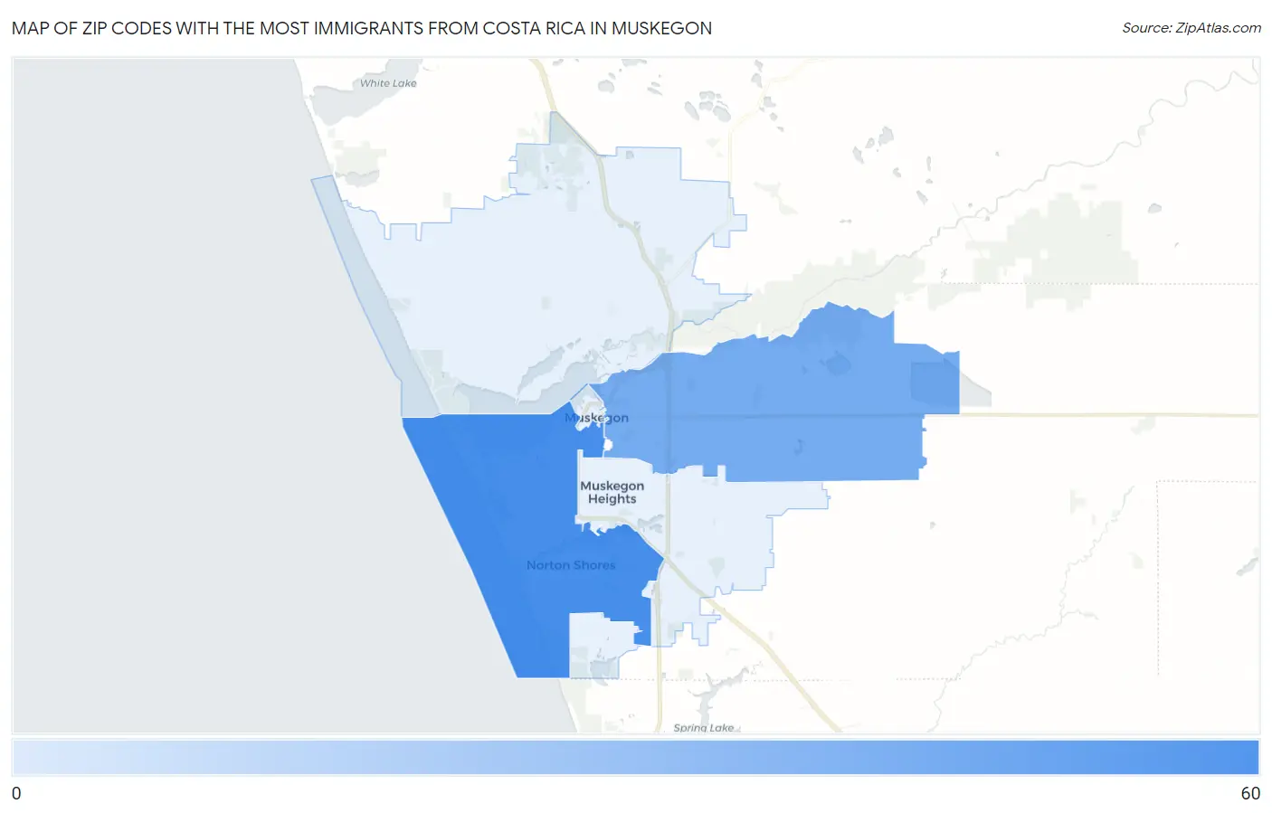 Zip Codes with the Most Immigrants from Costa Rica in Muskegon Map
