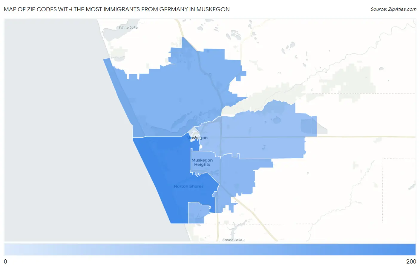 Zip Codes with the Most Immigrants from Germany in Muskegon Map