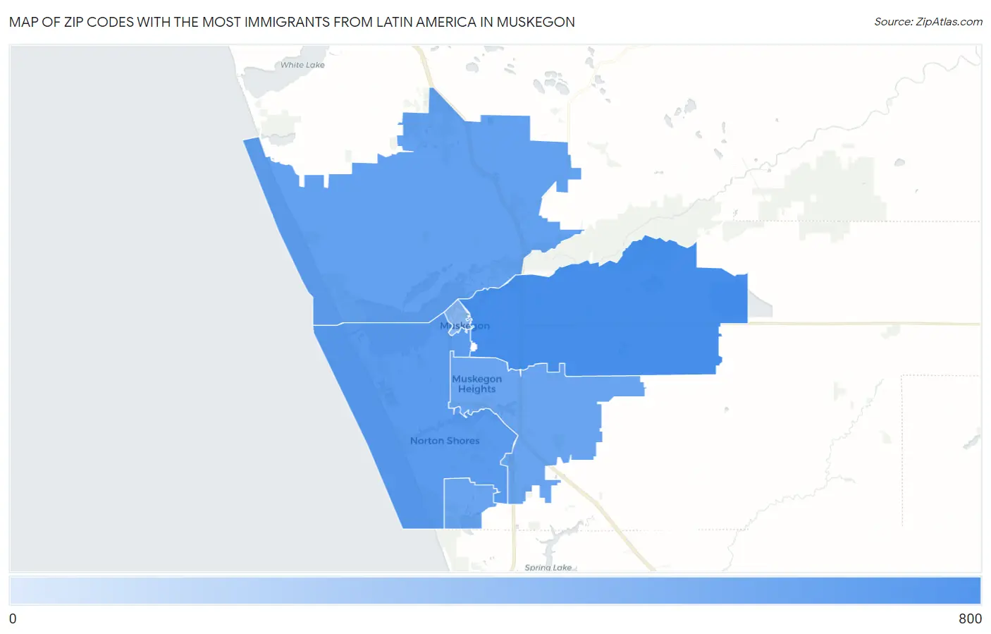 Zip Codes with the Most Immigrants from Latin America in Muskegon Map