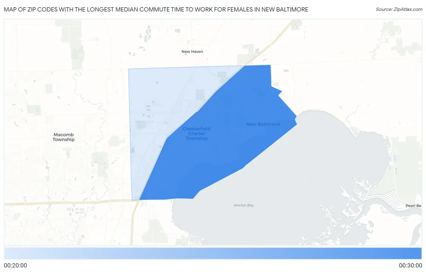 Zip Codes with the Longest Median Commute Time to Work for Females in New Baltimore Map