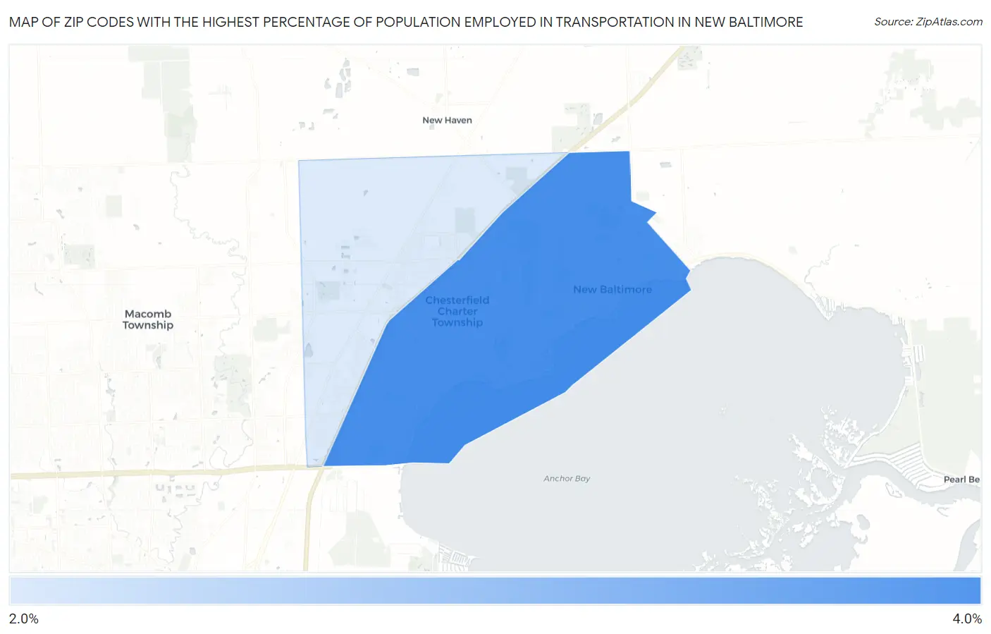 Zip Codes with the Highest Percentage of Population Employed in Transportation in New Baltimore Map