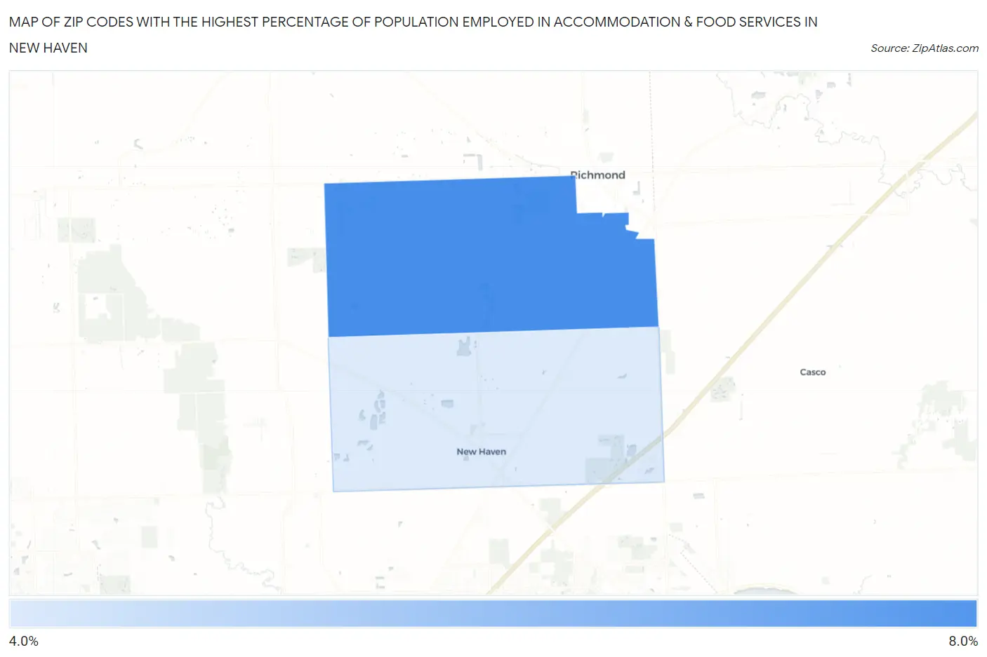 Zip Codes with the Highest Percentage of Population Employed in Accommodation & Food Services in New Haven Map