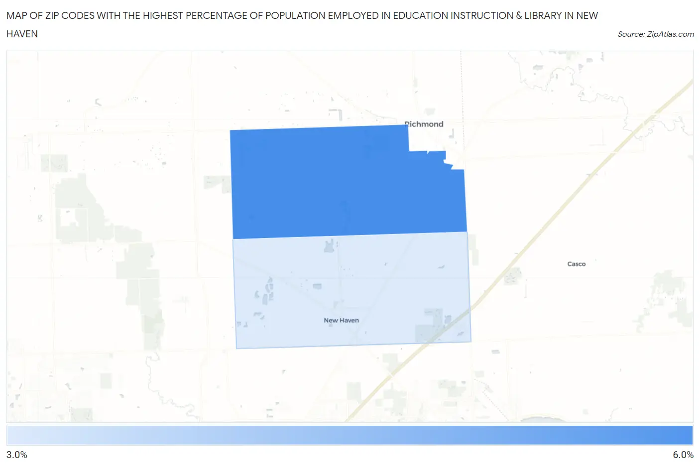Zip Codes with the Highest Percentage of Population Employed in Education Instruction & Library in New Haven Map