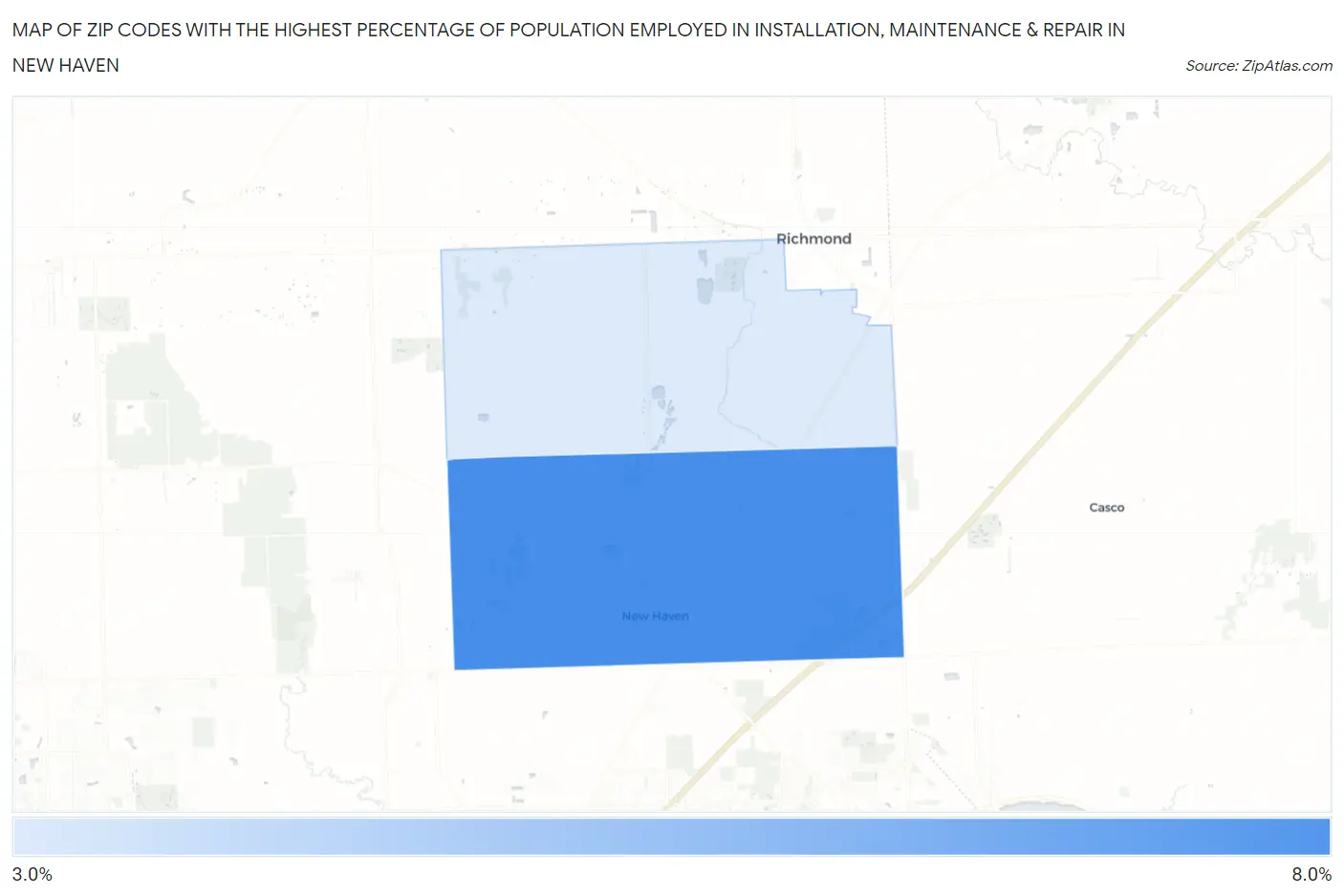 Zip Codes with the Highest Percentage of Population Employed in Installation, Maintenance & Repair in New Haven Map