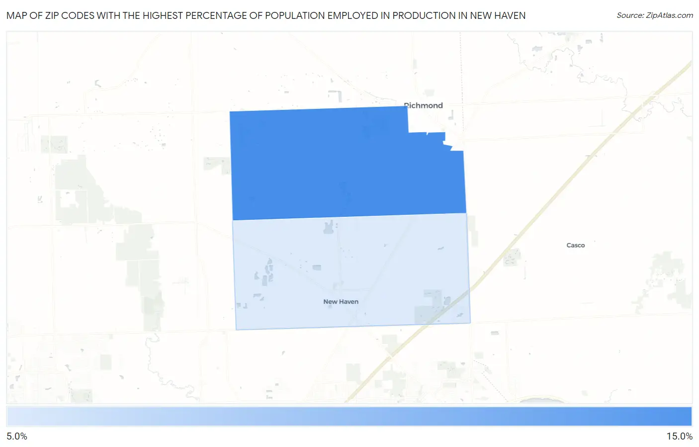 Zip Codes with the Highest Percentage of Population Employed in Production in New Haven Map