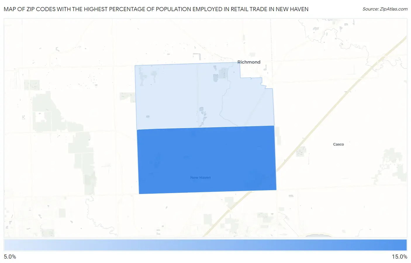 Zip Codes with the Highest Percentage of Population Employed in Retail Trade in New Haven Map