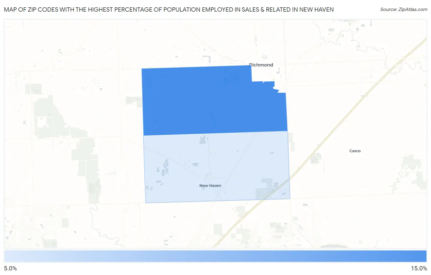 Zip Codes with the Highest Percentage of Population Employed in Sales & Related in New Haven Map