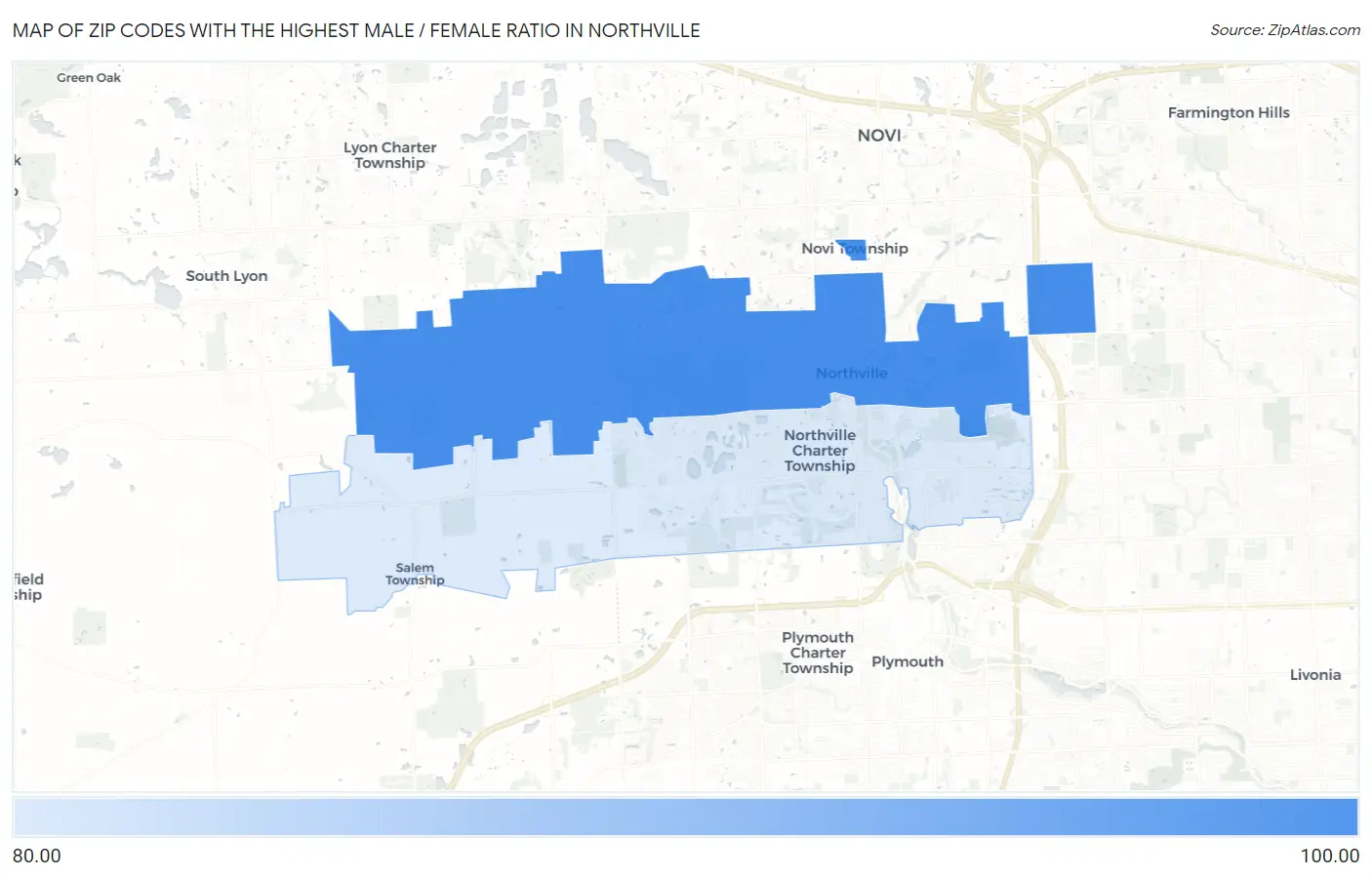 Zip Codes with the Highest Male / Female Ratio in Northville Map
