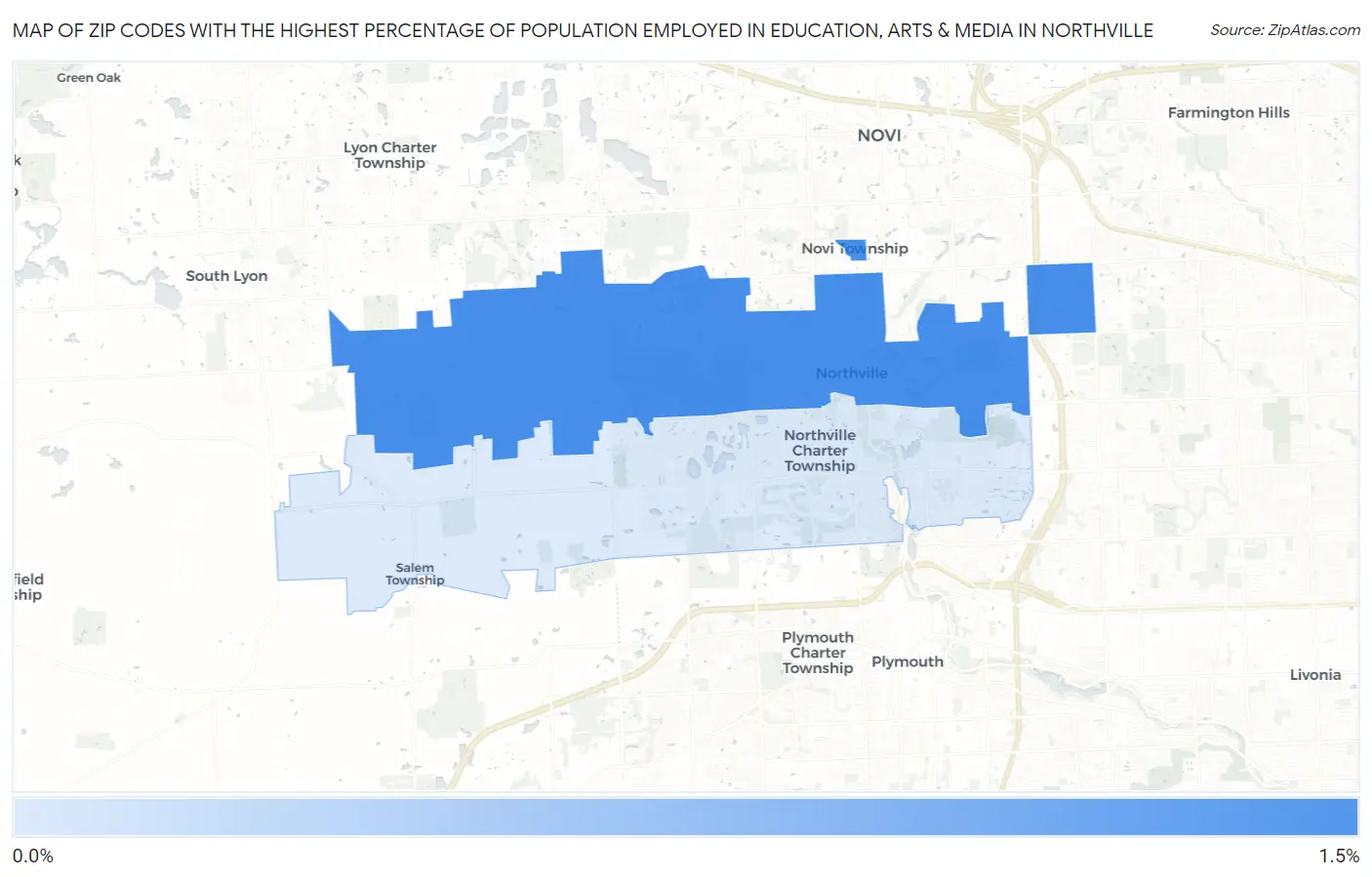 Zip Codes with the Highest Percentage of Population Employed in Education, Arts & Media in Northville Map