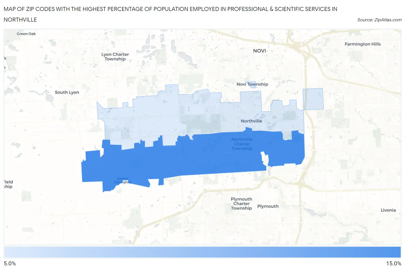 Zip Codes with the Highest Percentage of Population Employed in Professional & Scientific Services in Northville Map