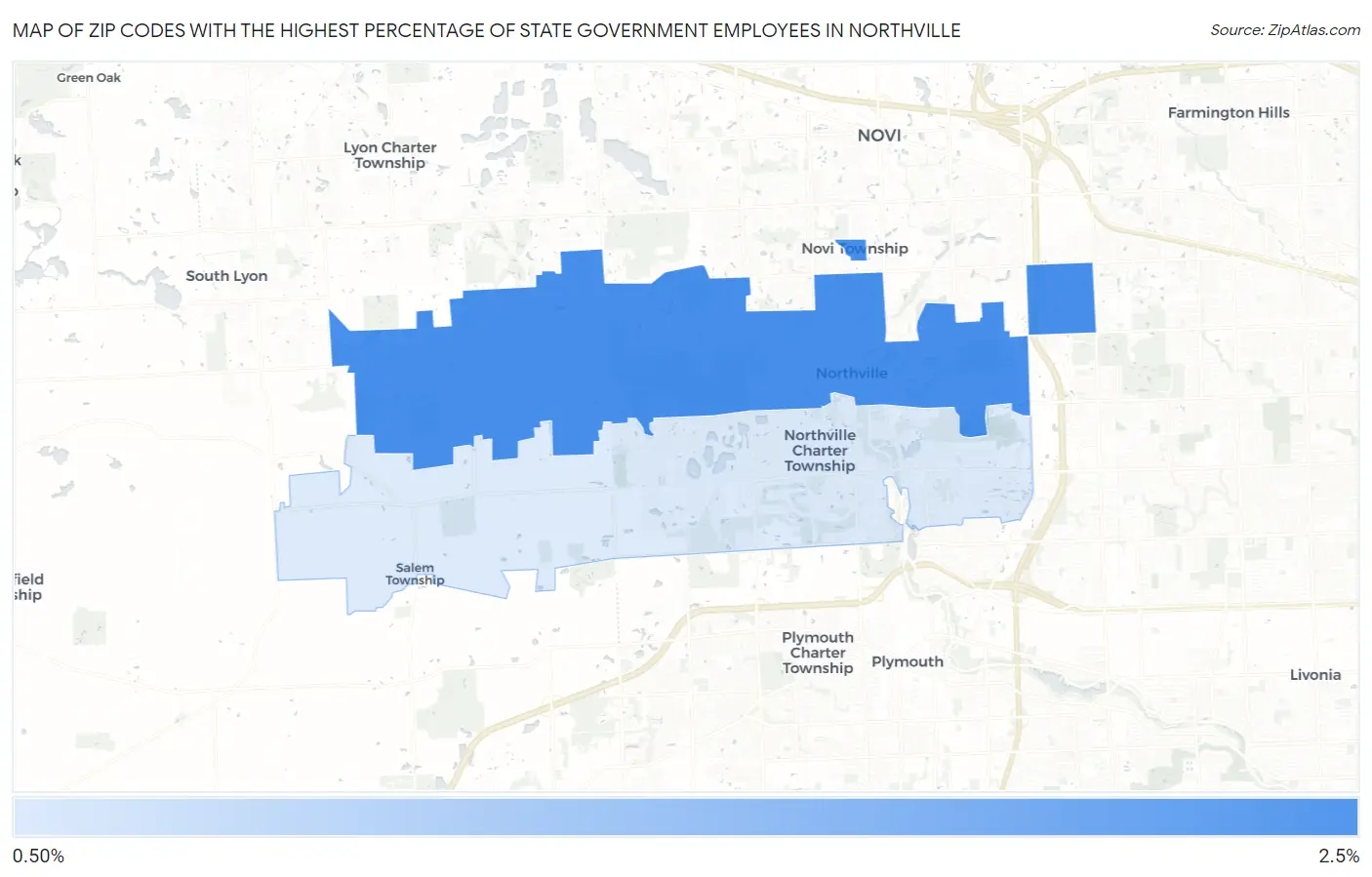 Zip Codes with the Highest Percentage of State Government Employees in Northville Map