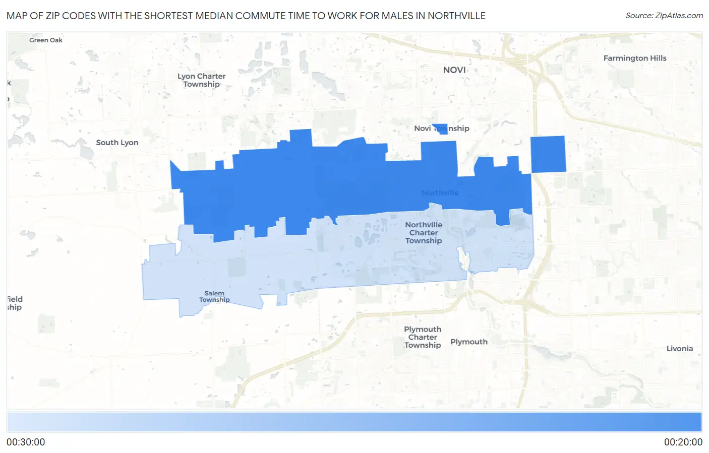 Zip Codes with the Shortest Median Commute Time to Work for Males in Northville Map