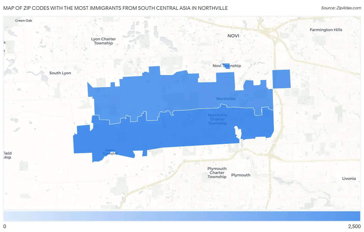 Zip Codes with the Most Immigrants from South Central Asia in Northville Map