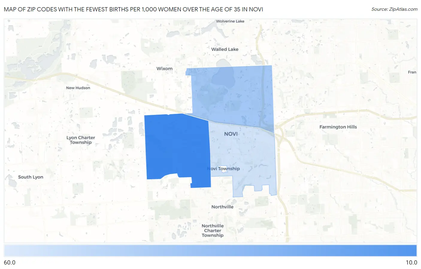 Zip Codes with the Fewest Births per 1,000 Women Over the Age of 35 in Novi Map