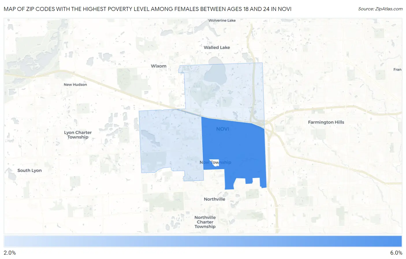 Zip Codes with the Highest Poverty Level Among Females Between Ages 18 and 24 in Novi Map