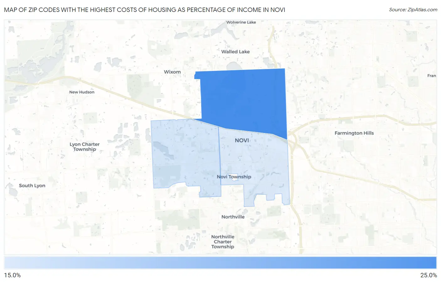 Zip Codes with the Highest Costs of Housing as Percentage of Income in Novi Map