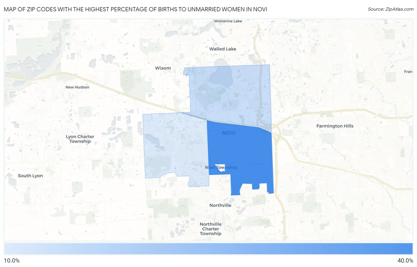 Zip Codes with the Highest Percentage of Births to Unmarried Women in Novi Map