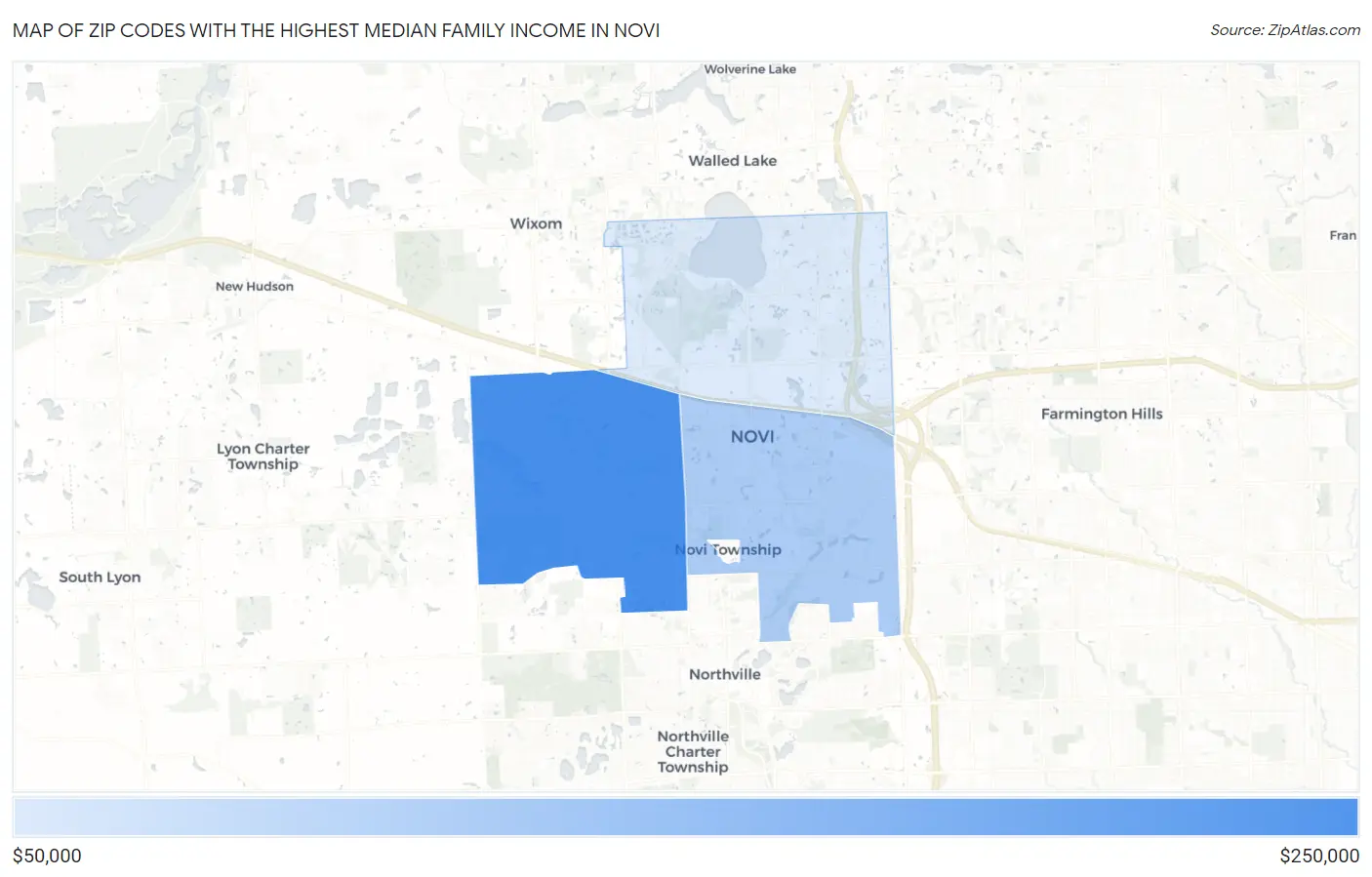 Zip Codes with the Highest Median Family Income in Novi Map