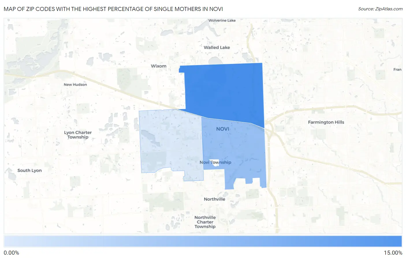 Zip Codes with the Highest Percentage of Single Mothers in Novi Map