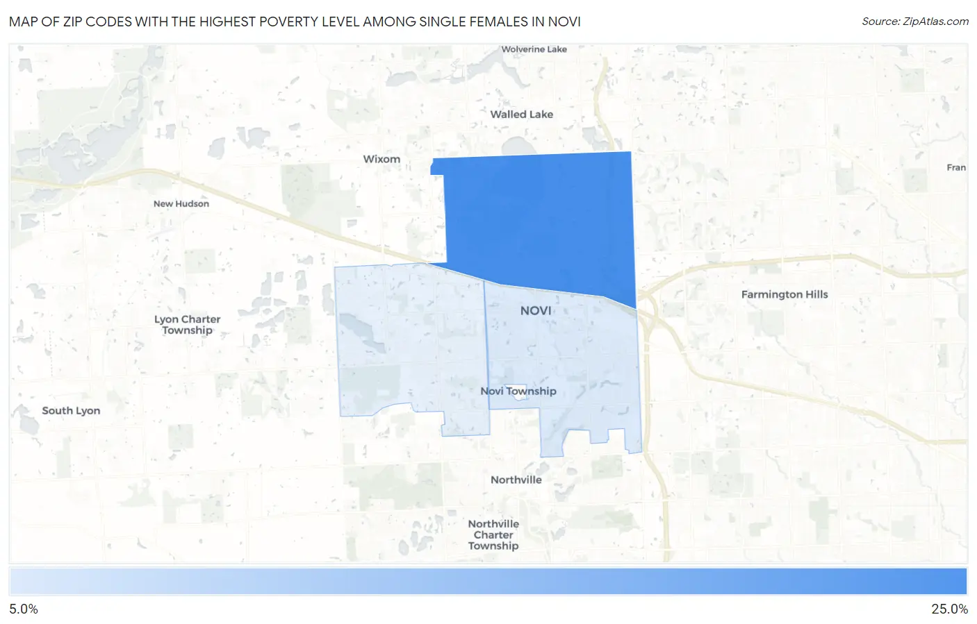 Zip Codes with the Highest Poverty Level Among Single Females in Novi Map